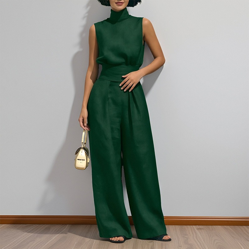 Women's Sleeveless High Neck Top and Straight Leg Pants Casual Set