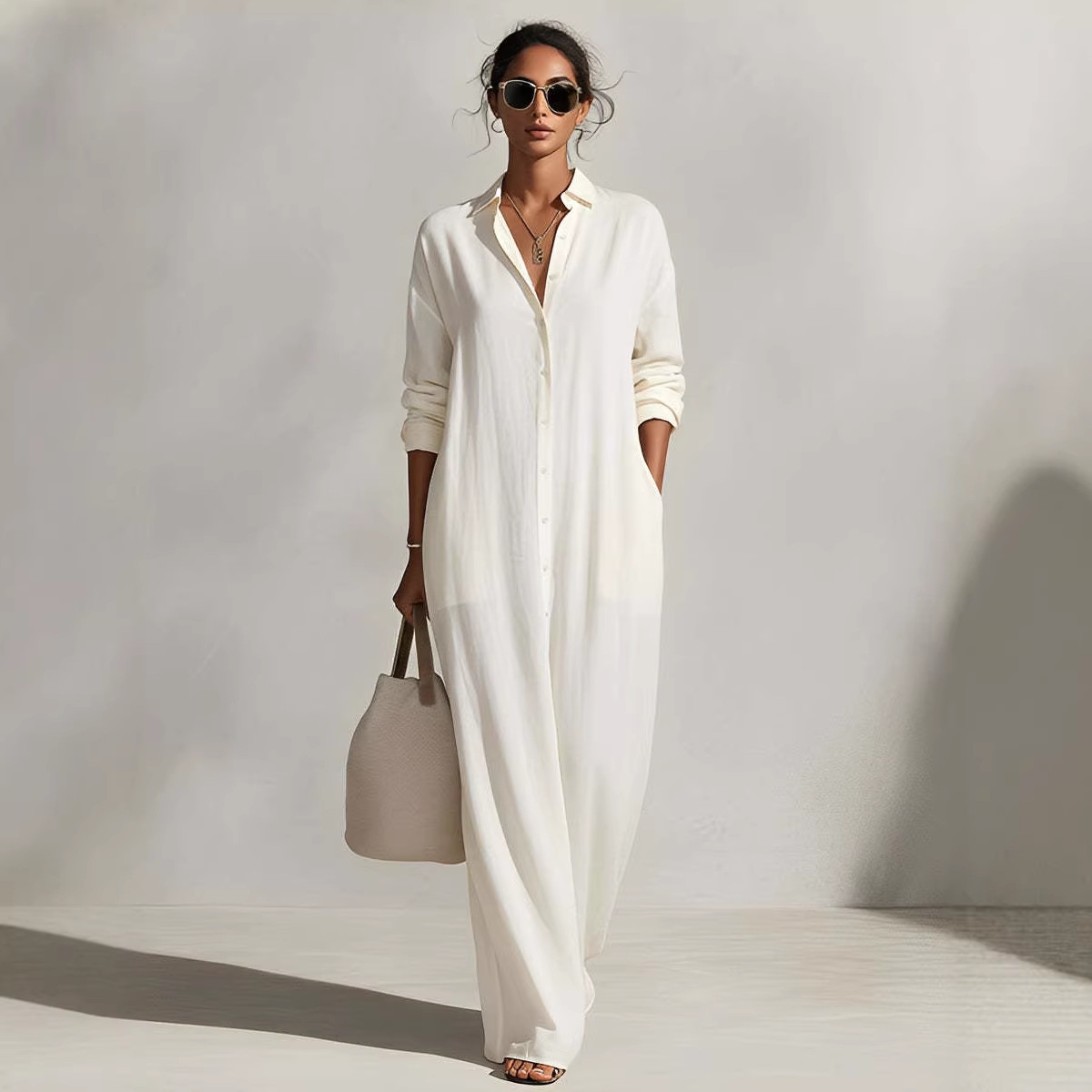 Women's Long Sleeve Polo Neck Shirt Dress Casual Solid Color Long Dress