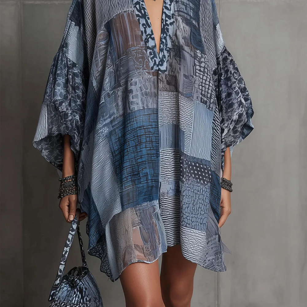 Women's Plaid Print Loose Casual Long Dress V-Neck
