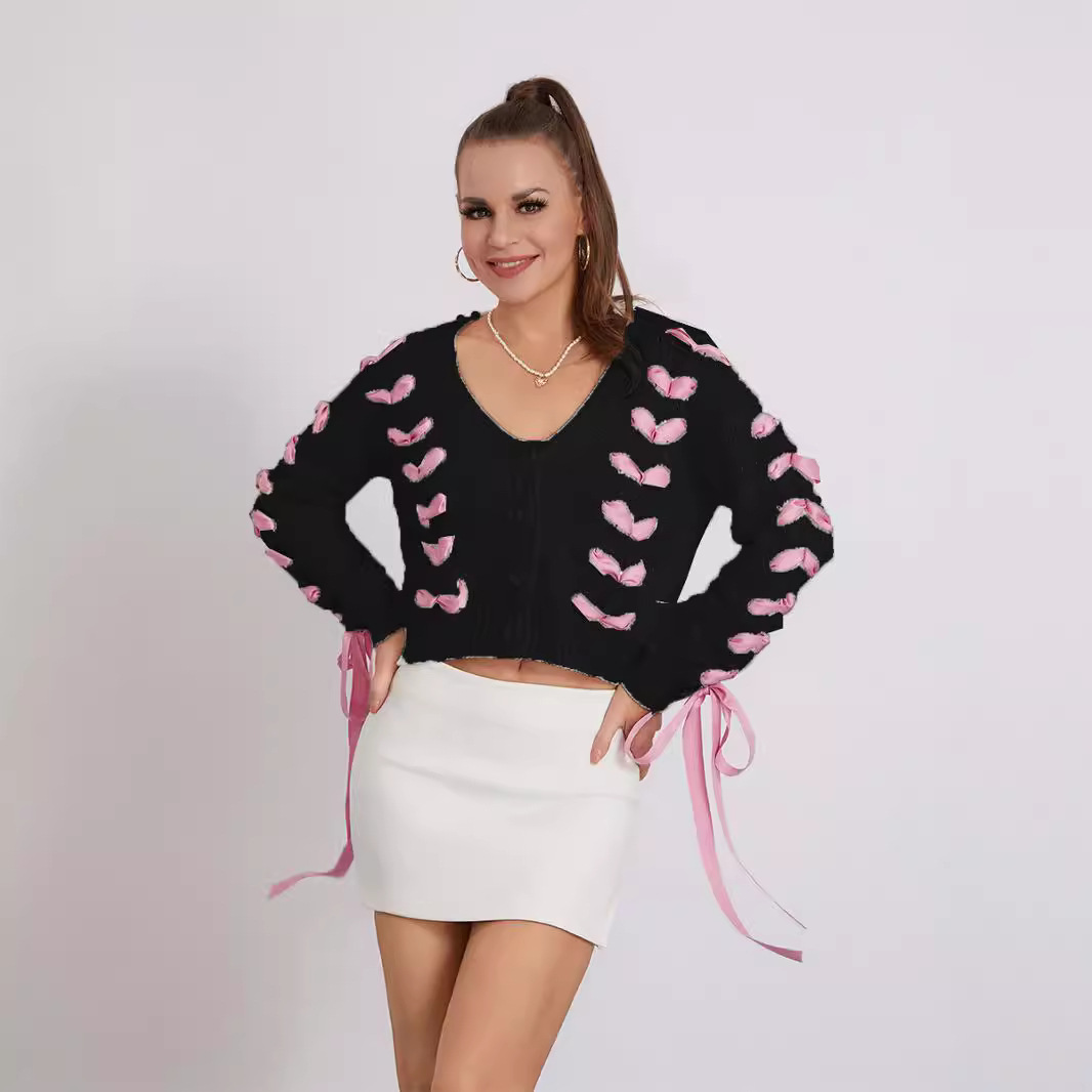 V-Neck Lace-Up Open Knit Cardigan Sweater Loose Casual Women's