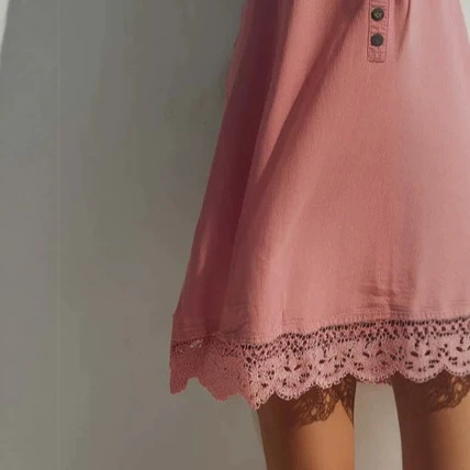Retro Lace V-Neck Pink Denim Mini Dress