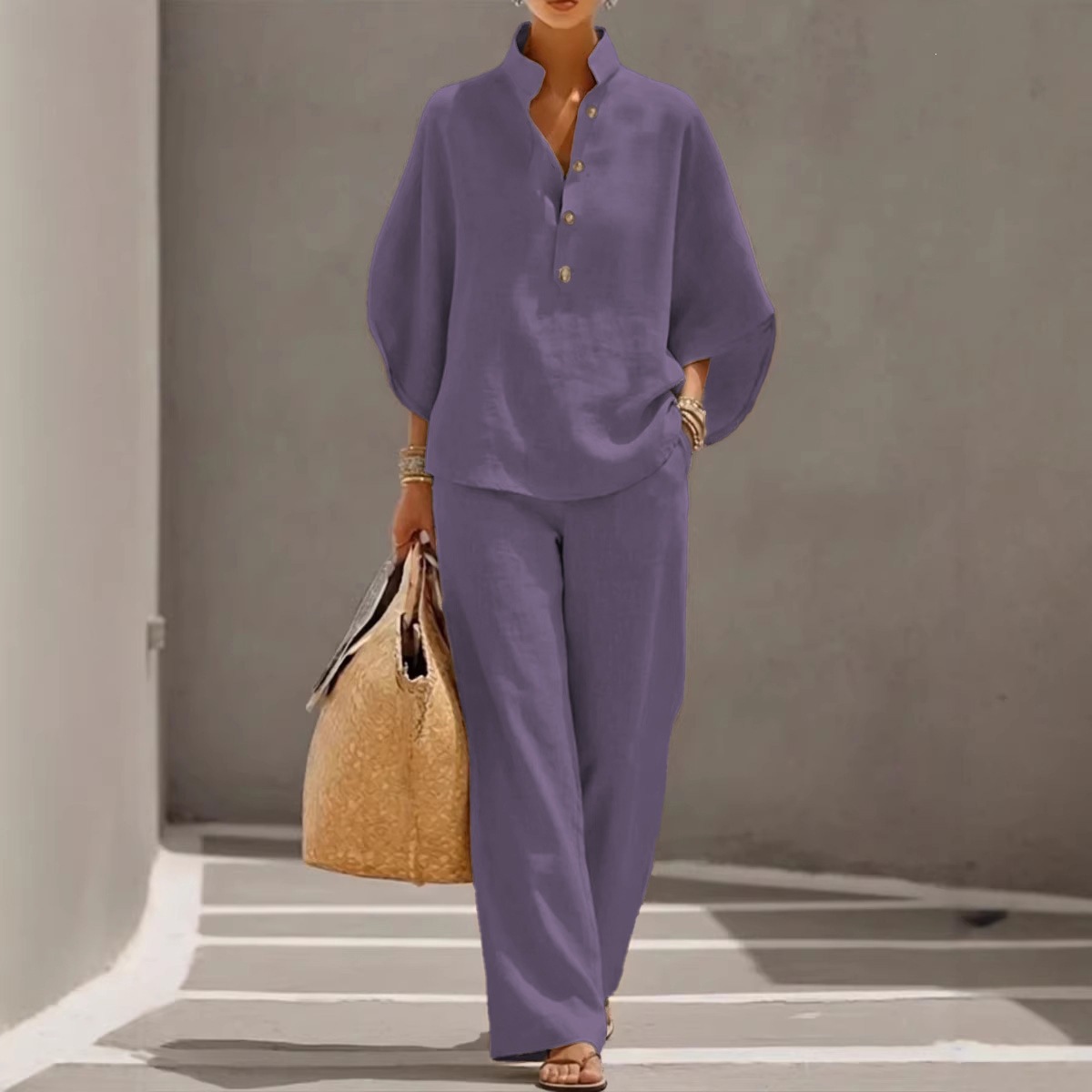 Women's Casual Solid Color Shirt and Pants Set
