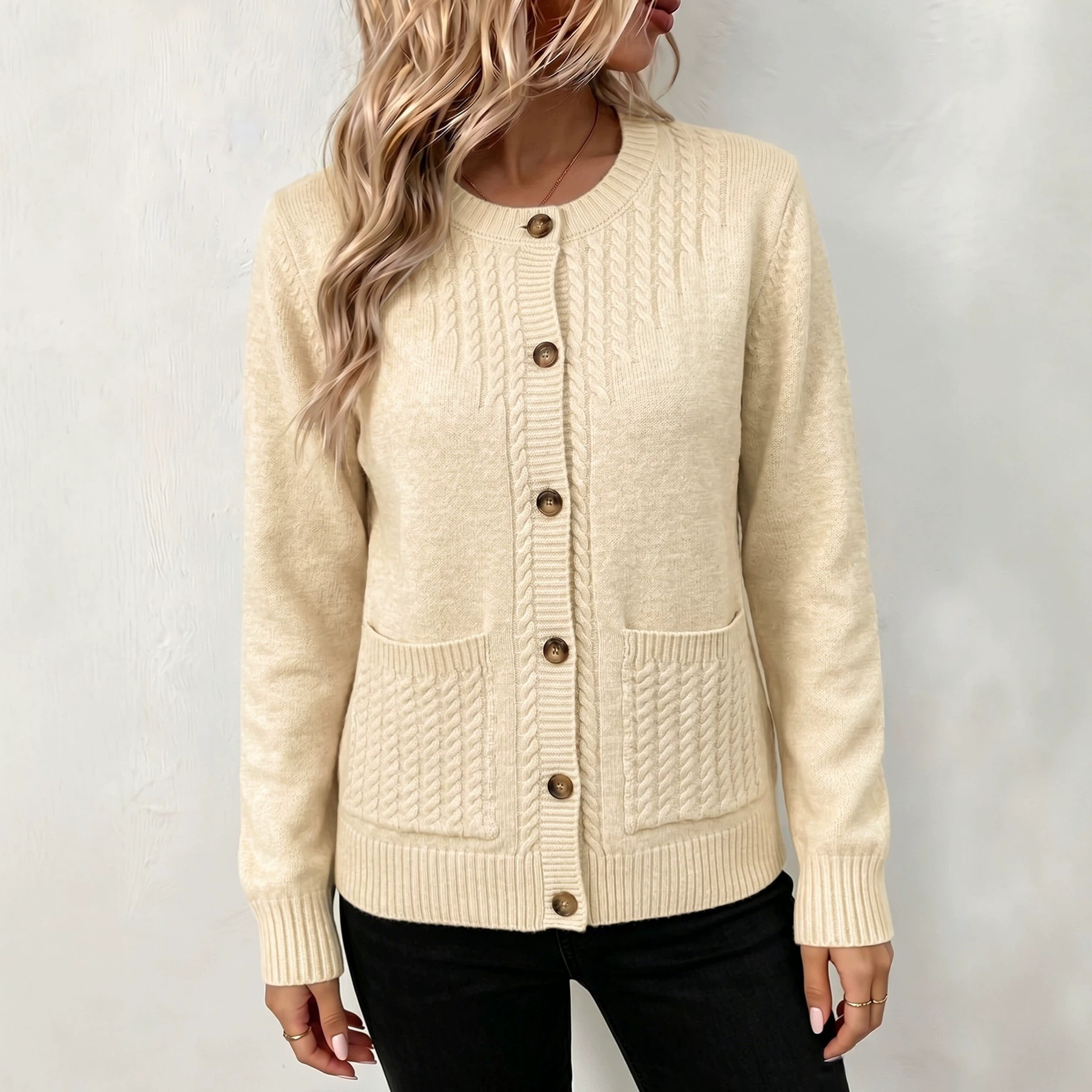 Women's Retro Cable-Knit Cardigan Solid Color Long Sleeve Round Neck Loose Fit