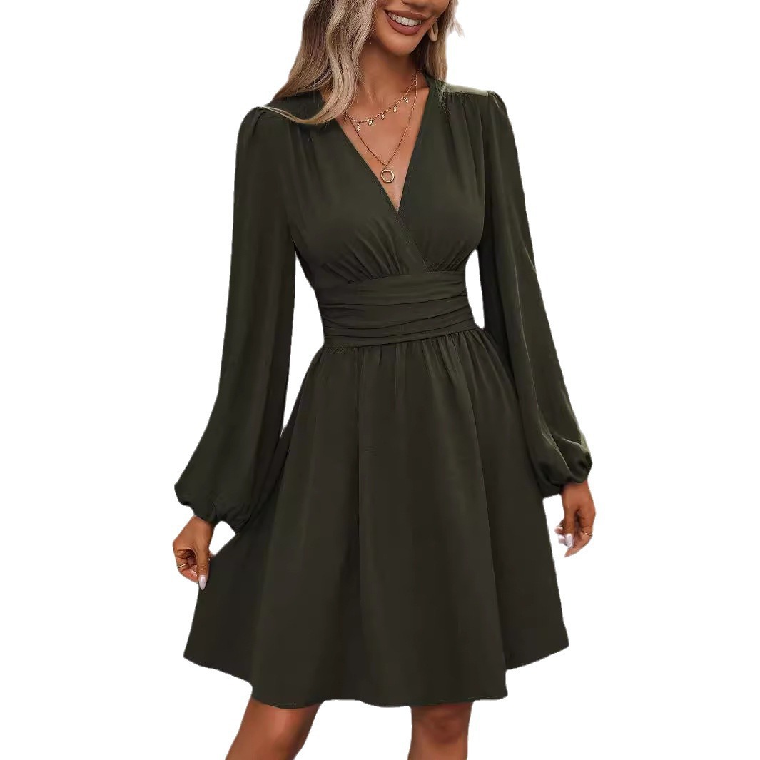 Asymmetric Collar Lantern Sleeve Ruched Waist A-Line Dress