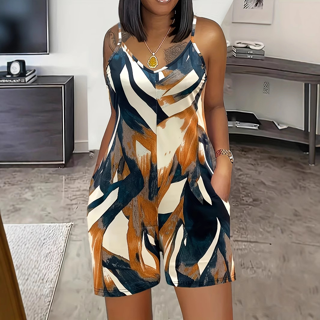 Women's Summer Beach Print Sleeveless Wide-Leg Jumpsuit with Waist Tie and Pockets