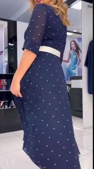 Women's Long Sleeve Polka Dot Print A-Line Dress with Adjustable Waist