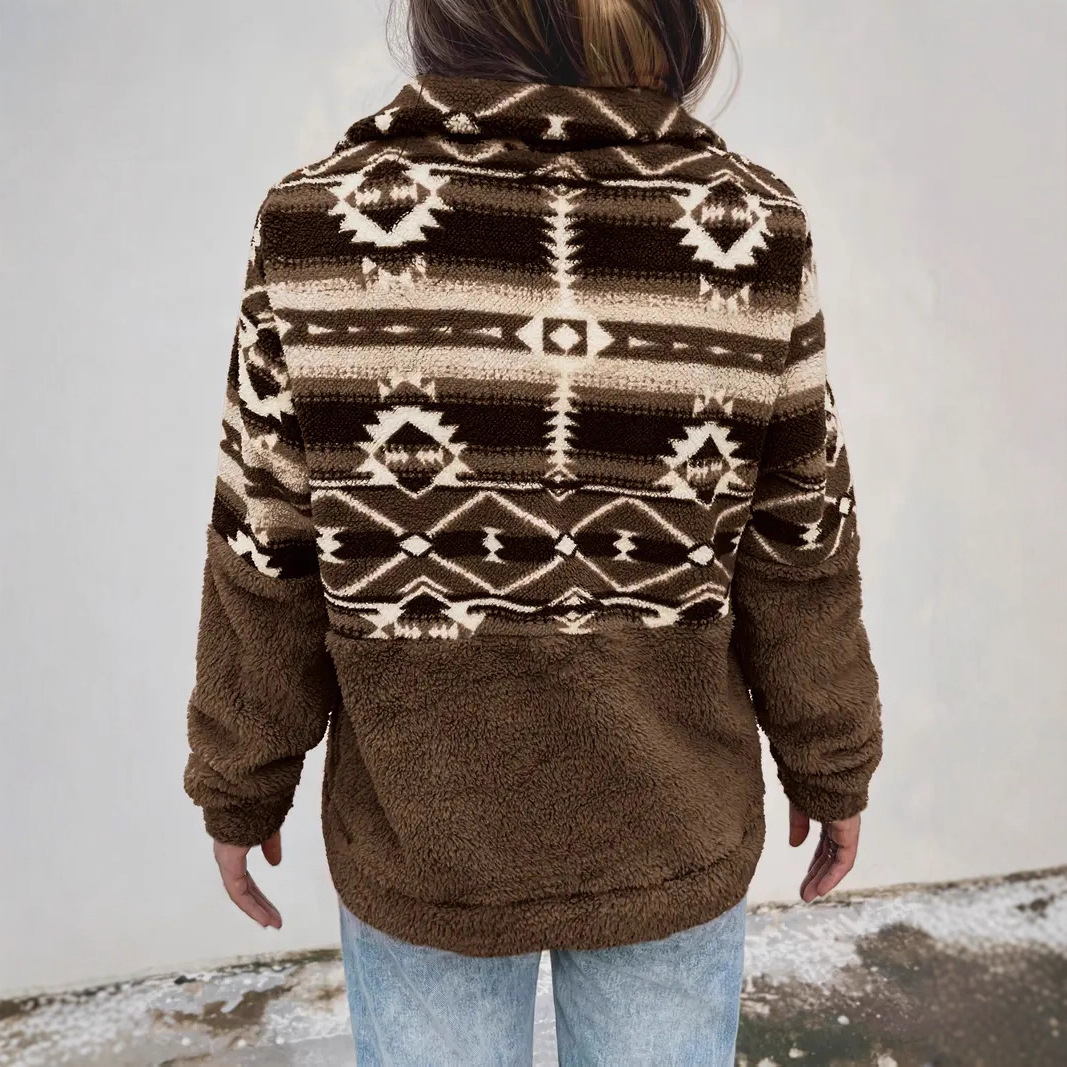 Geometric Print Long Sleeve Zip-Up Fleece-Lined Hoodie for Women
