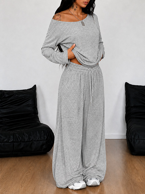 Women's Casual Loungewear Set Long Sleeve Top & Wide Leg Pants