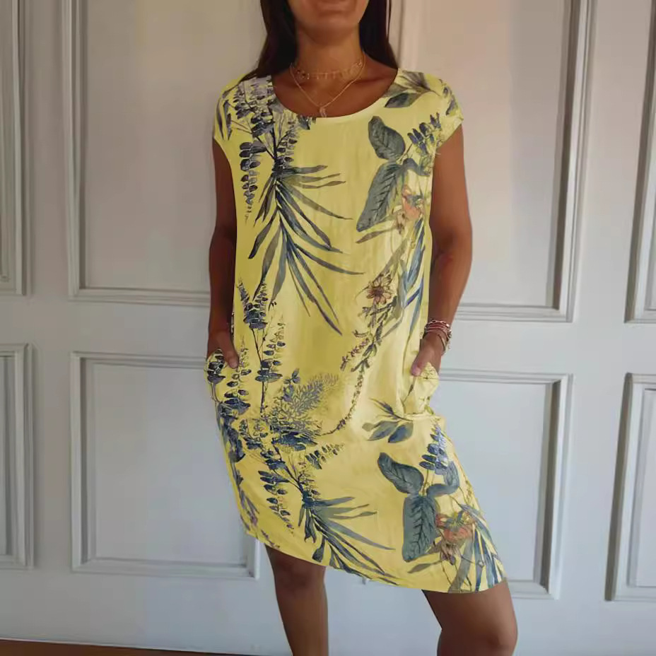 Women's Cotton Linen Print A-Line Dress with Pockets