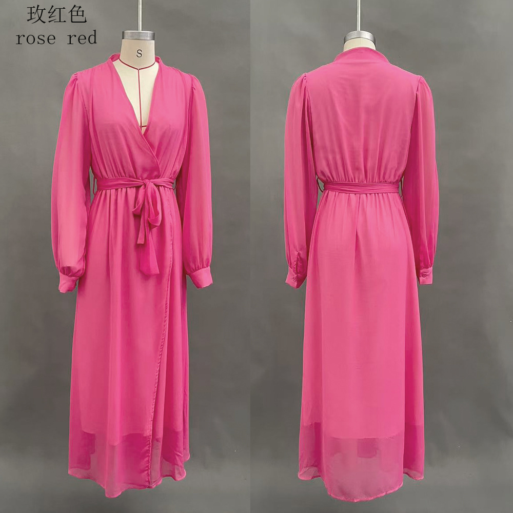 V-Neck Solid Color Waist-Cinched Long Sleeve High Slit Flowy Chiffon Dress