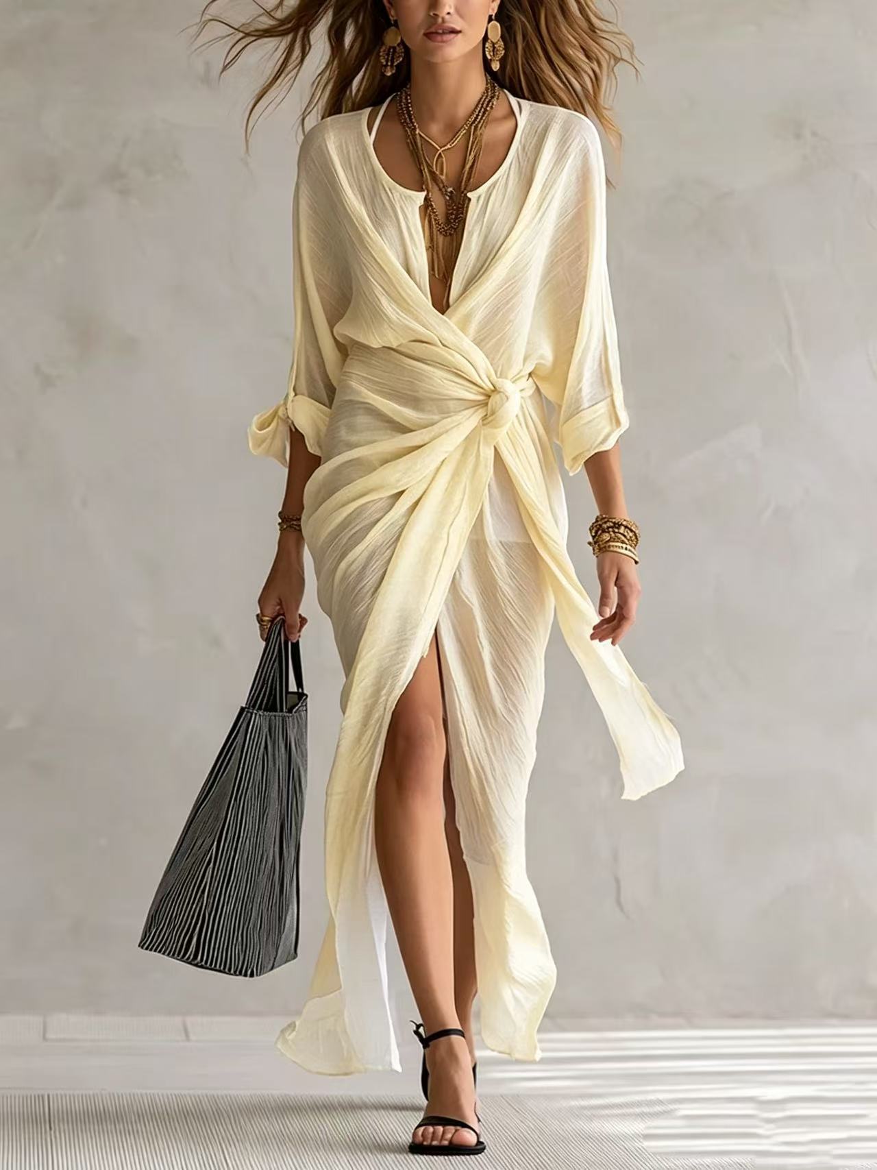Wrap Tie 3/4 Sleeve Deep V Slit Beach Cover-Up Dress
