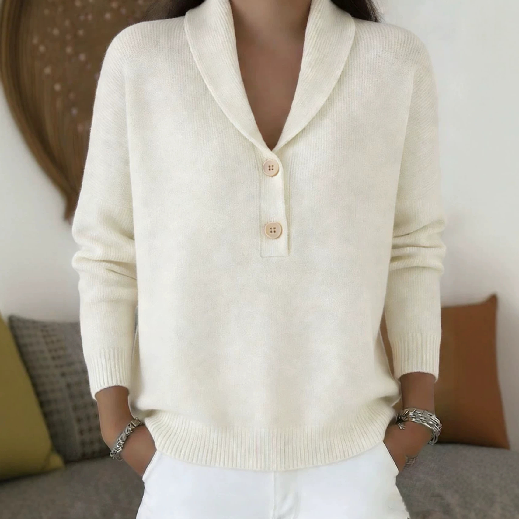Women's Knit Button Polo Neck Sweater Solid Color Casual