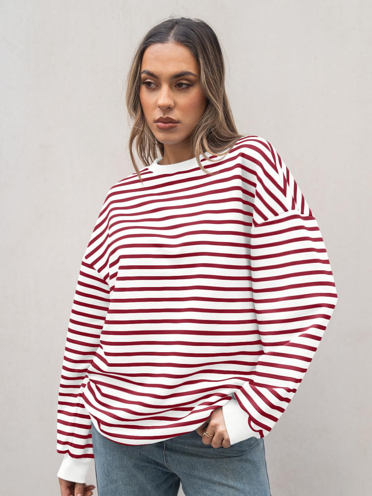 Women's Striped Long-Sleeve Crewneck Sweatshirt Y2K Pullover