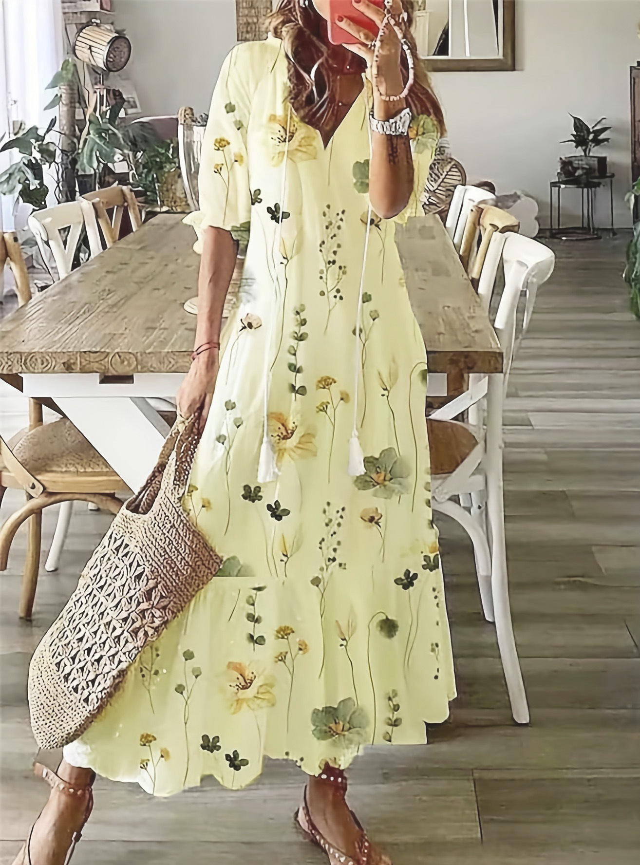 Women's Casual V-Neck Printed Tassel Midi Dress Loose A-Line