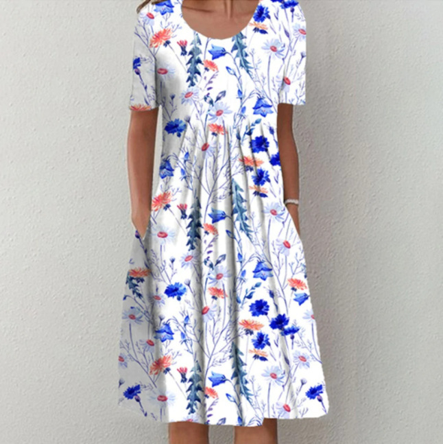 Plus Size Floral Print Short Sleeve Round Neck Midi Dress