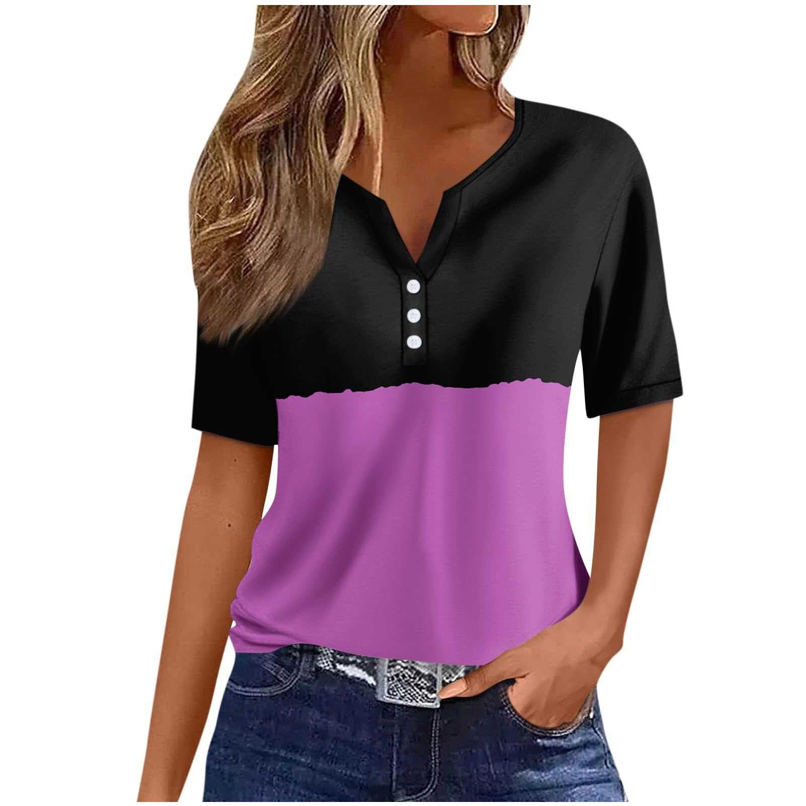 Women's Short Sleeve Color Block Button Slim Fit Top
