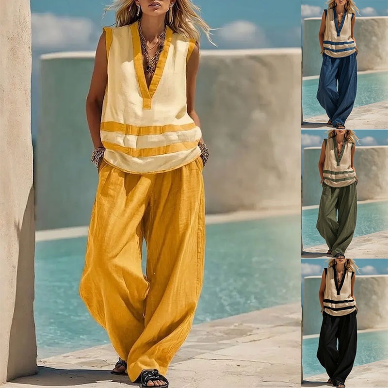 V-Neck Sleeveless Tank Top & Wide-Leg Pants Set
