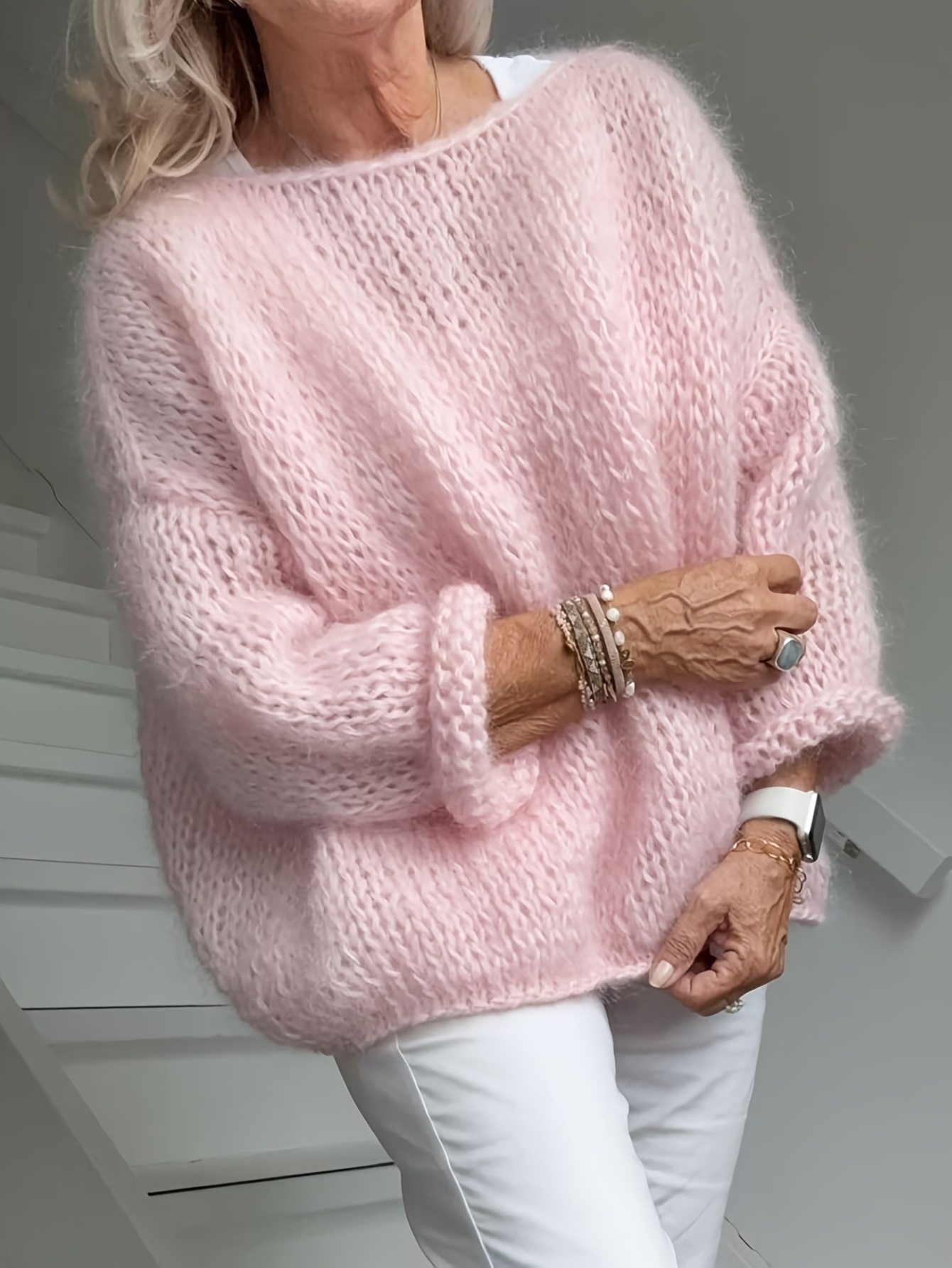 Pink Fuzzy Knit Sweater Women's Casual Crewneck Pullover