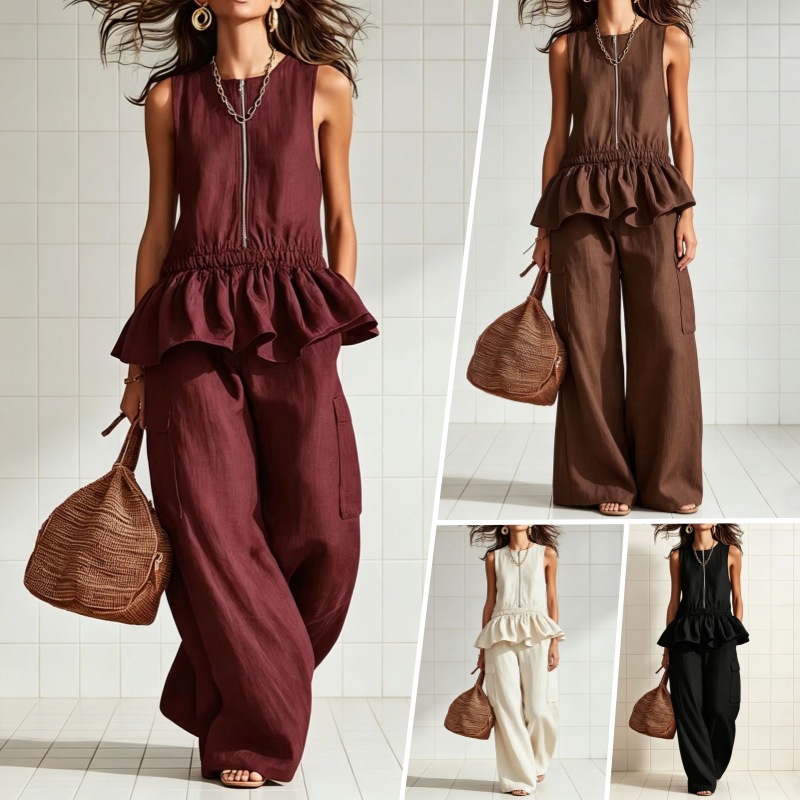 Women's Sleeveless Ruched Tank Top & Wide-Leg Pants Set