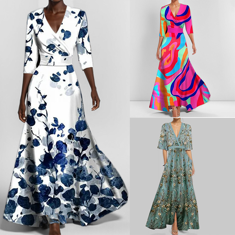 Elegant V-Neck Floral Print Slim-Fit Long Dress