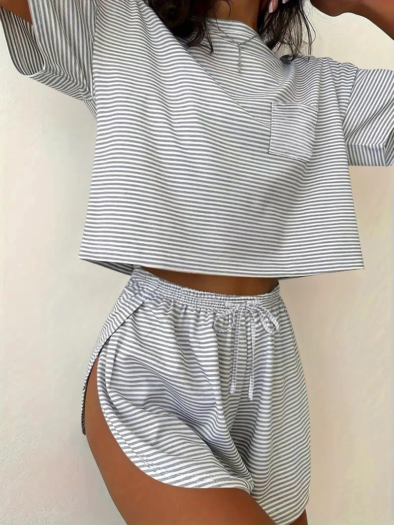 Women's Short Sleeve Two-Piece Set Crew Neck Casual Commuter Outfit