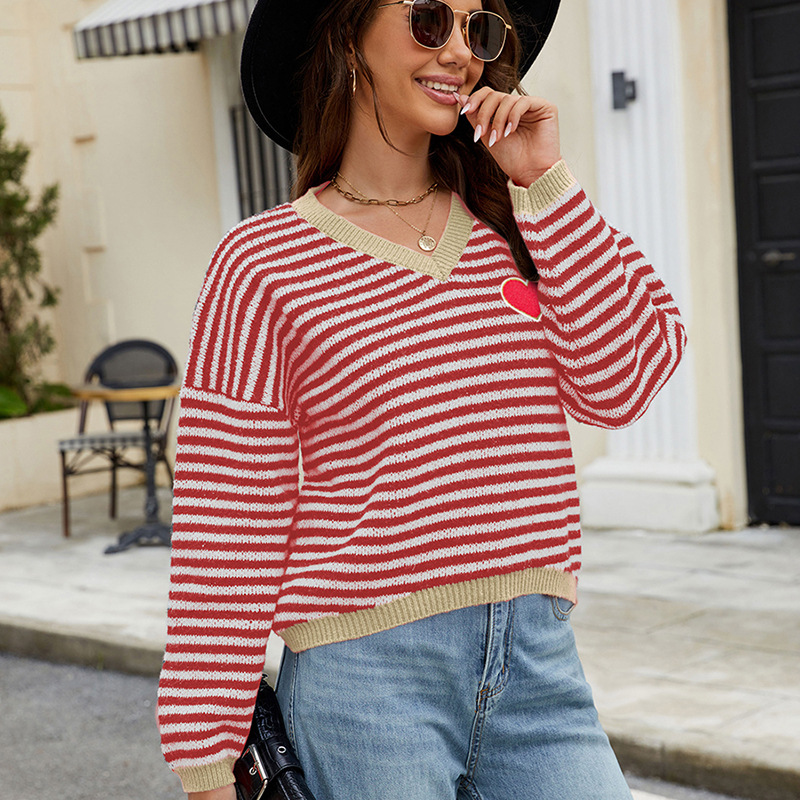 Heart Striped Color-Block V-Neck Knit Sweater