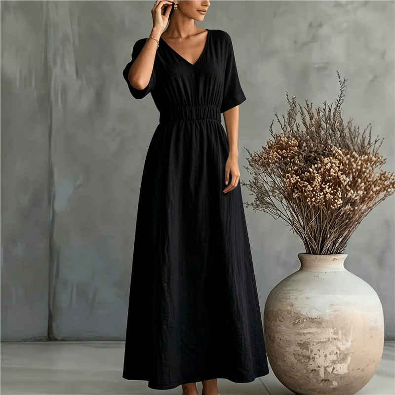 Elegant V-Neck Cinched Waist Pleated A-Line Long Dress