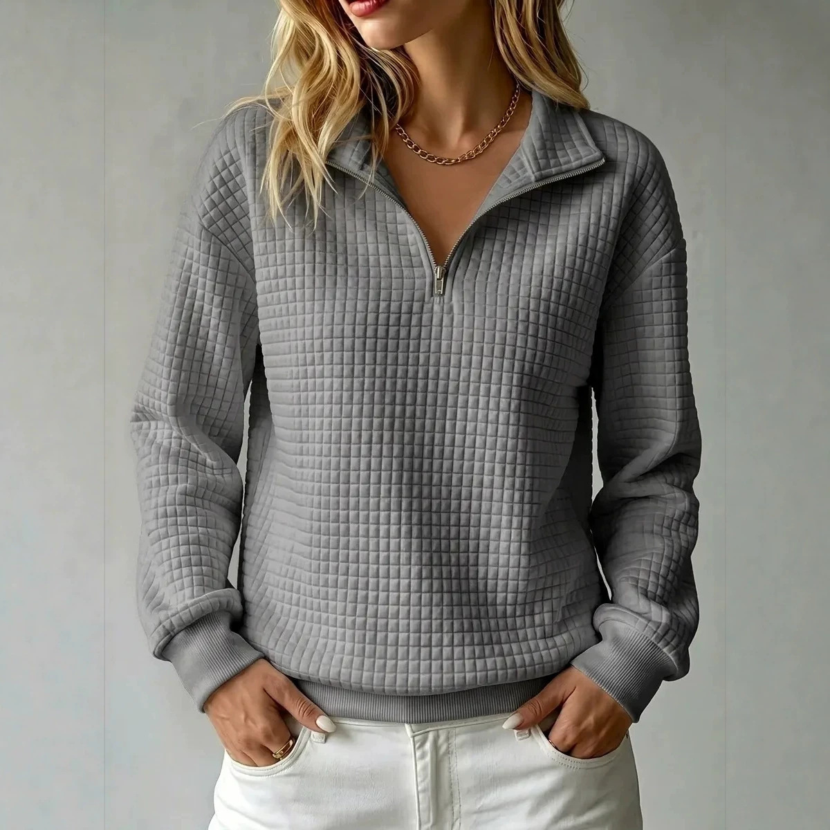 Women's Waffle Knit Zip-Up Long Sleeve Sweatshirt Solid Color Loose Fit
