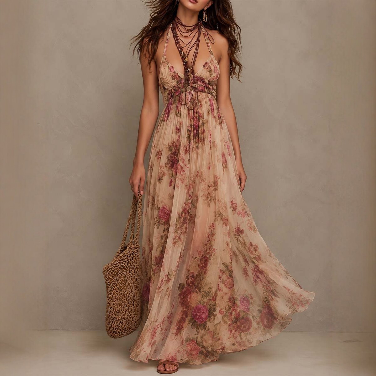 Vintage Rose Floral Halter Deep V-Neck Fit-and-Flare Tulle Maxi Dress