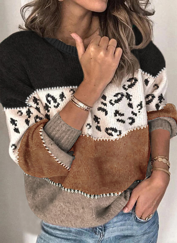 Leopard Print Patchwork Knit Pullover Sweater