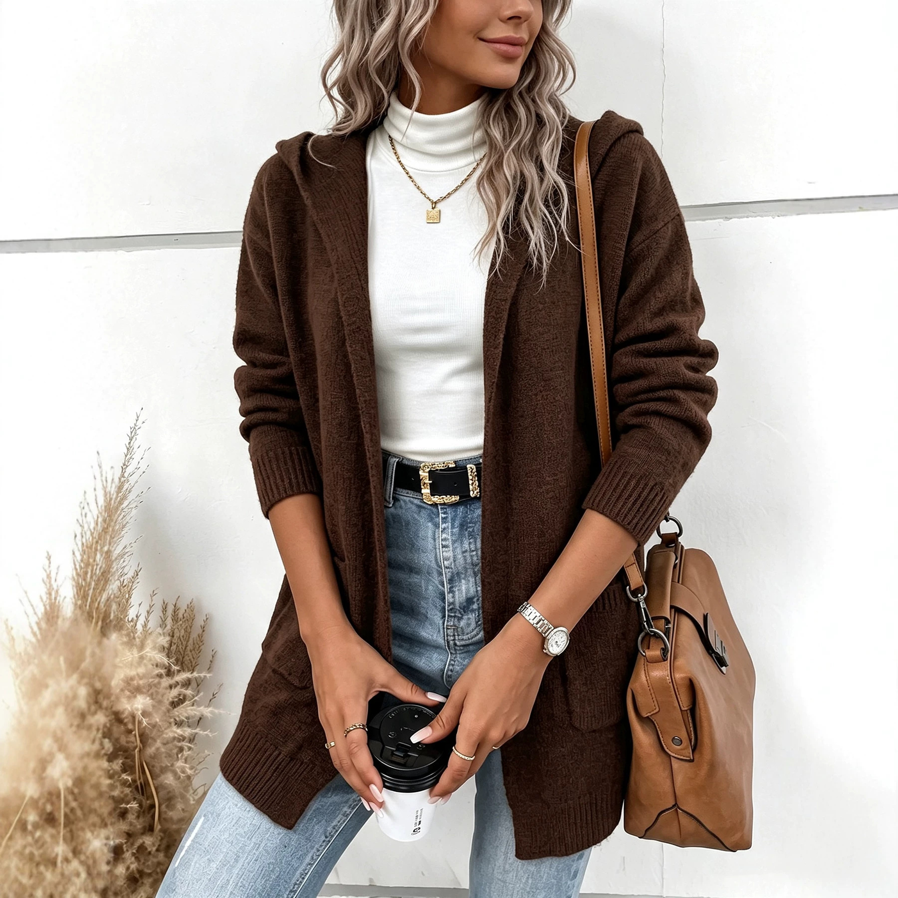 Solid Hooded Knit Cardigan Sweater Coat for Women