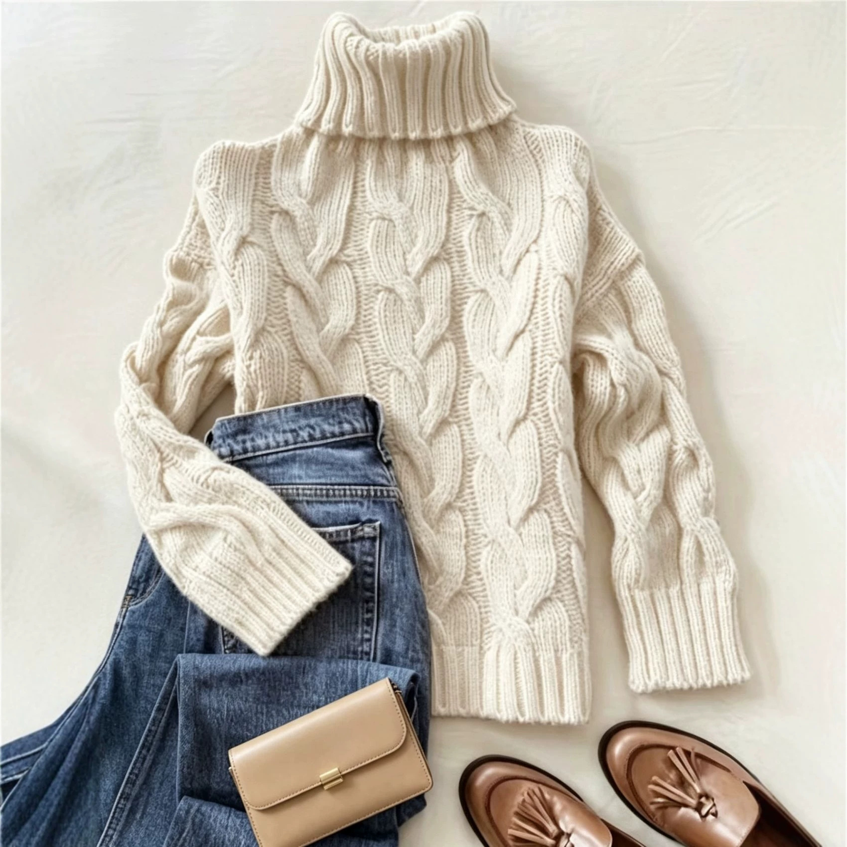 Cable-Knit Turtleneck Long-Sleeve Pullover Sweater
