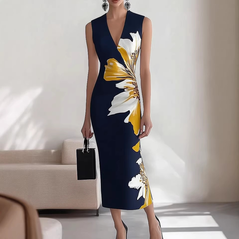 V-Neck Sleeveless A-Line Maxi Dress with Digital Print