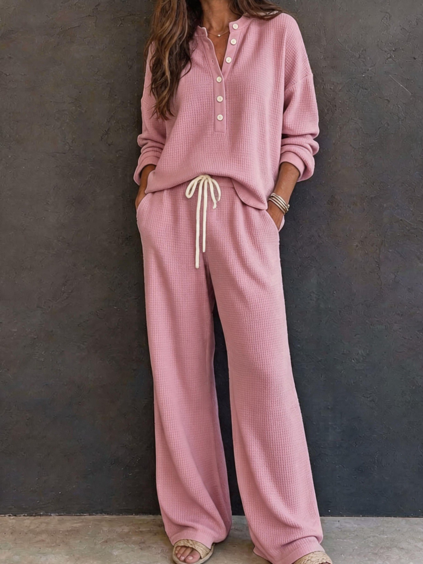Women's Retro Waffle Knit Long Sleeve Top and Pants Set