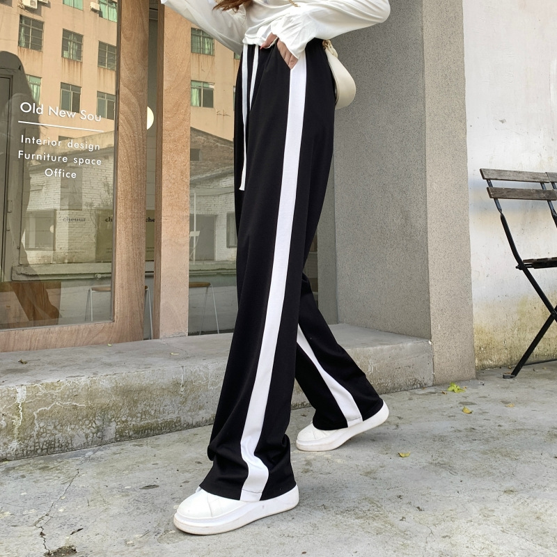 Black and White Colorblock Elastic Waist Wide-Leg Pants Women's Loose Slimming Korean Style