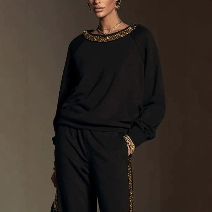 Gold Sequin Boat Neck Top & Wide Leg Pants Set