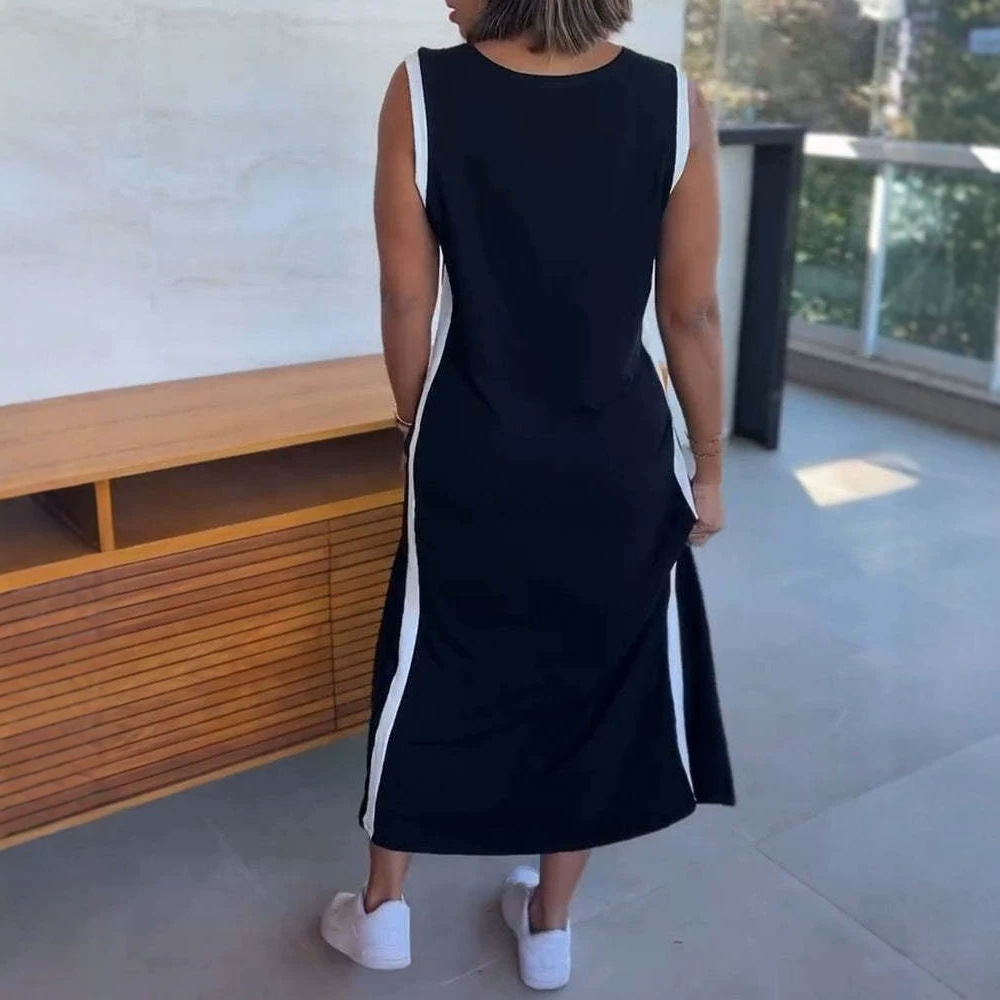 Blue and White Colorblock Sleeveless V-Neck Midi Dress with Slit