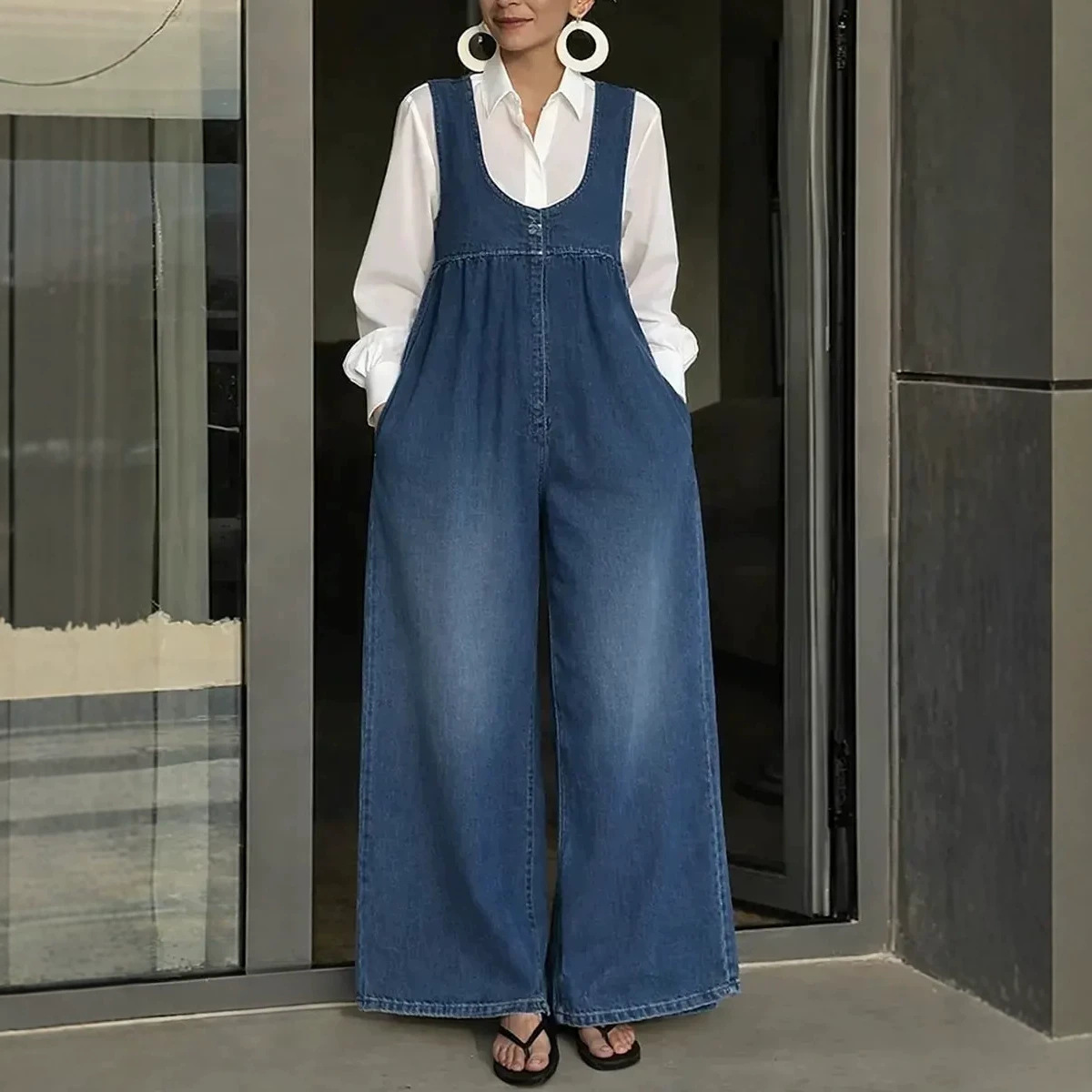Washed Denim Bucket Vest and Wide-Leg Pants Set