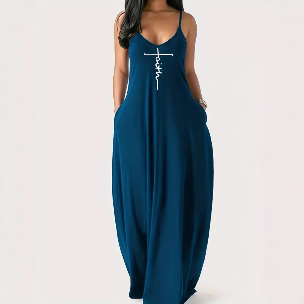 Women's Floral Print V-Neck Cami Maxi Dress with Full Skirt
