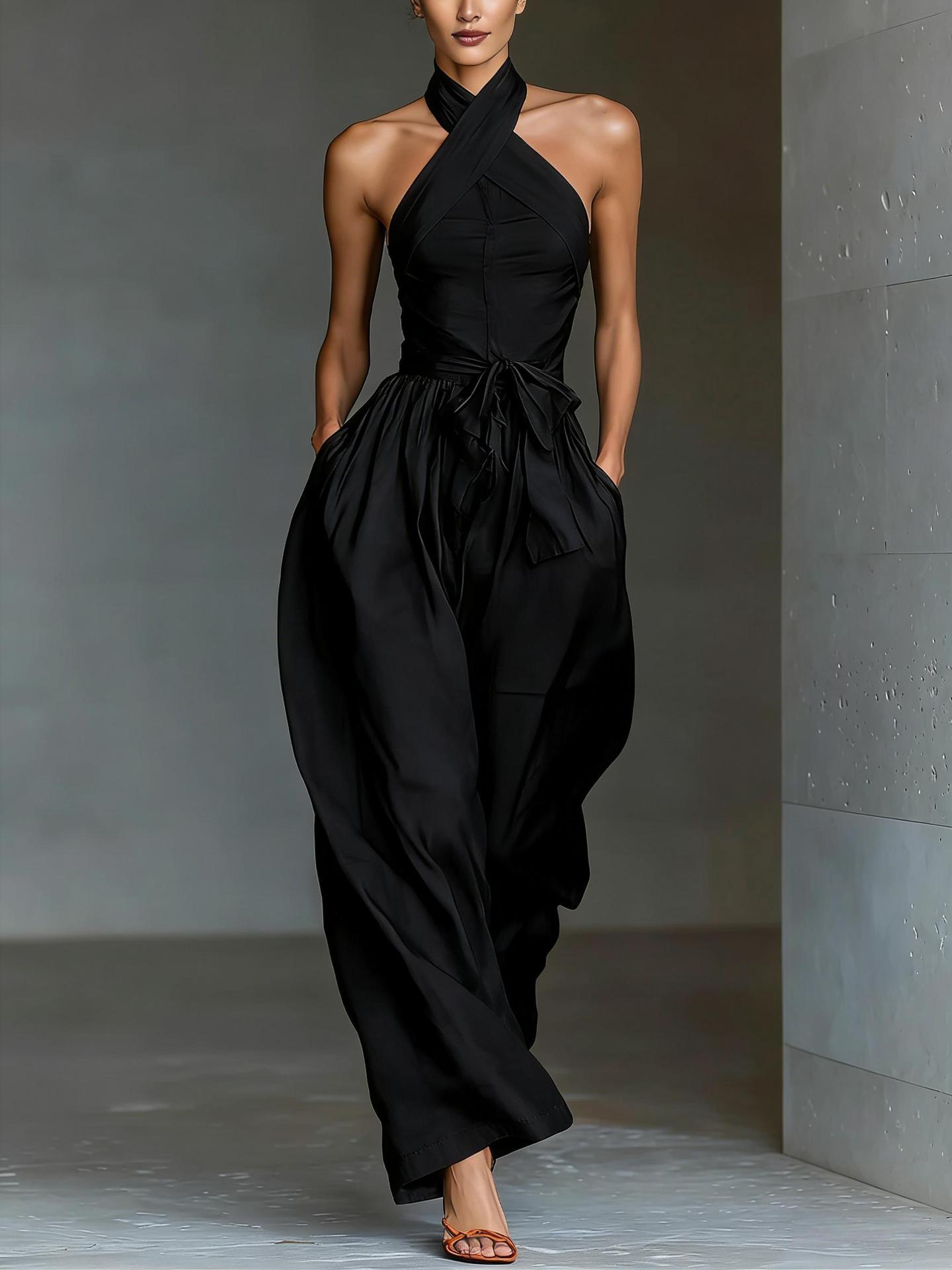 Women's Elegant One-Shoulder Wide-Leg Jumpsuit with Waist Bow
