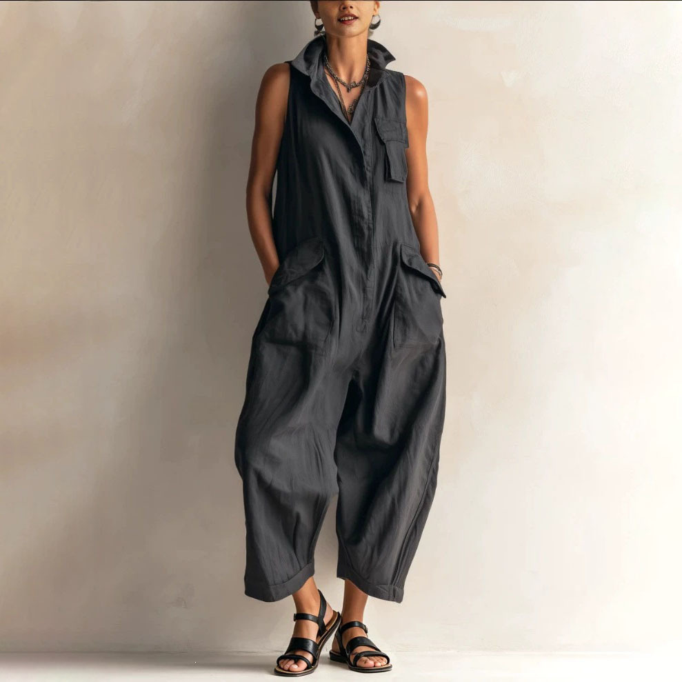 Women's Casual V-Neck Jumpsuit Solid Color Minimalist