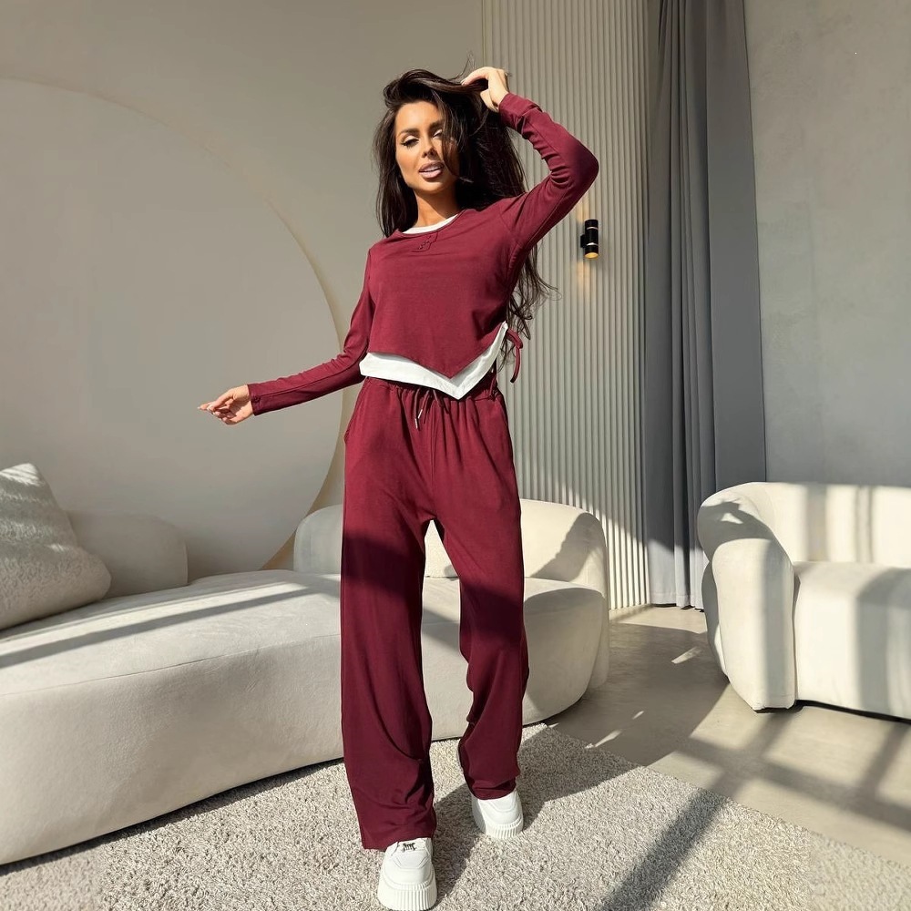Women's Solid Color Two-Piece Set with Faux-Layer Top and Tie-Waist Pants