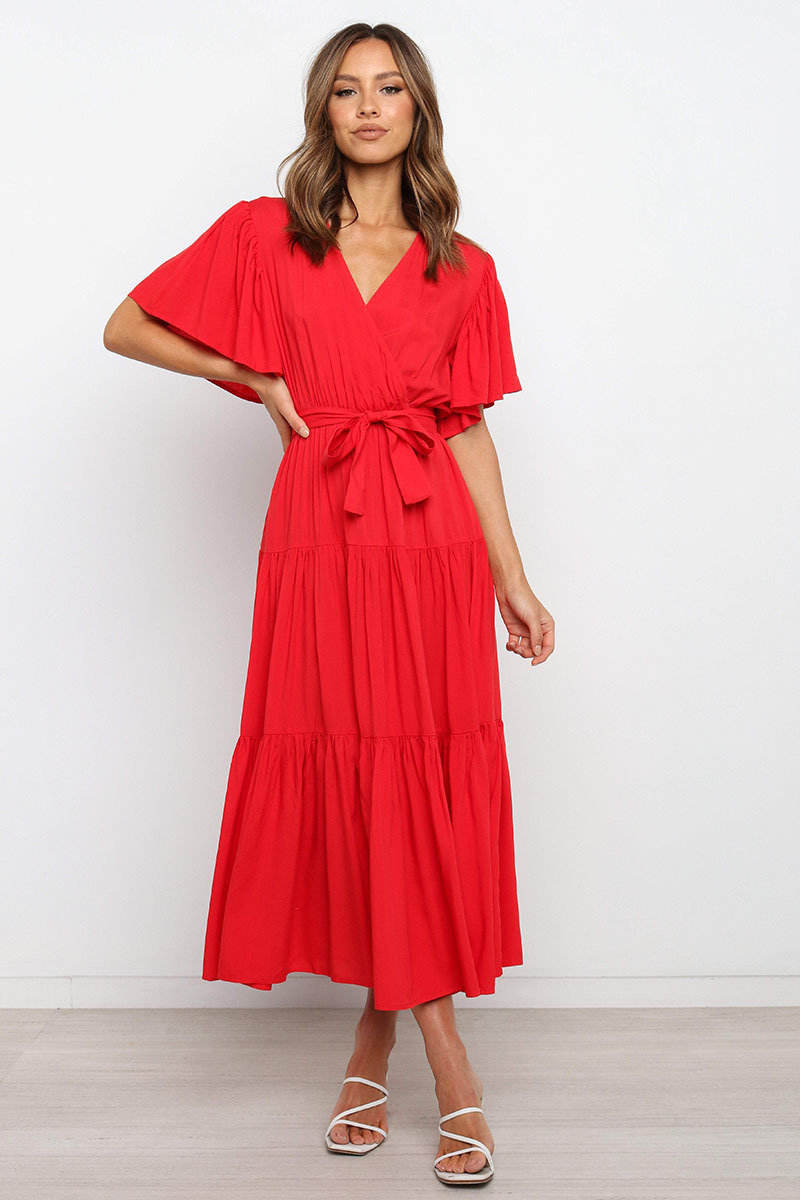 V-Neck Printed Short Sleeve High Waist A-Line Maxi Dress
