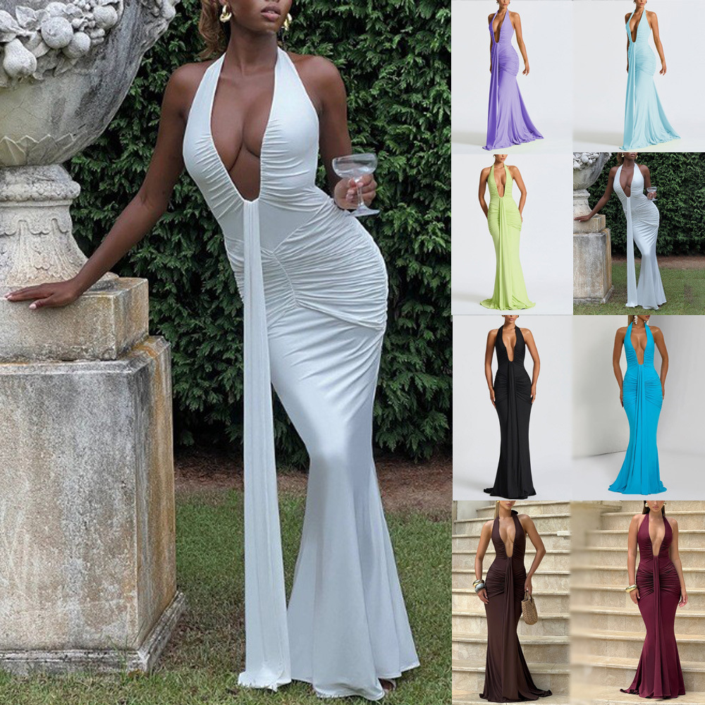 Solid Halter Deep V Mermaid Maxi Dress with Open Back and Tie
