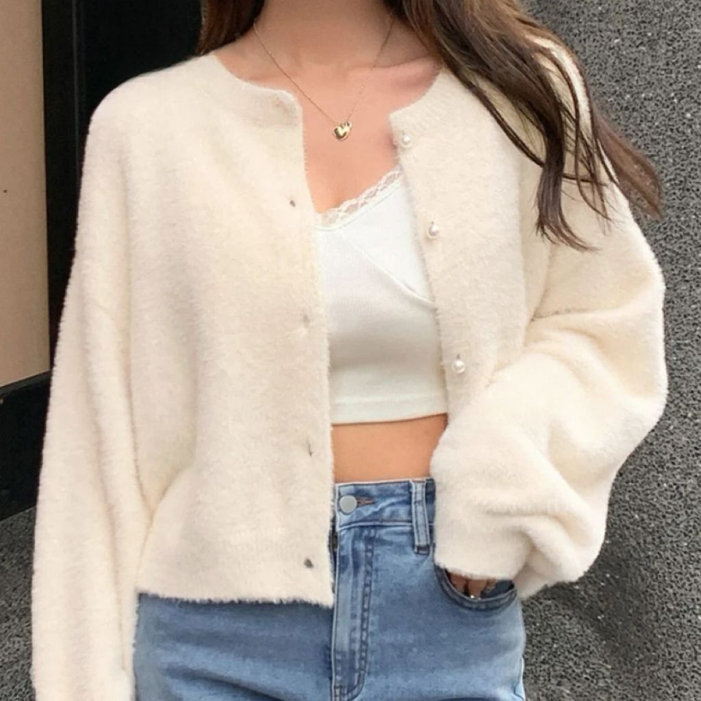 Faux Mink Round Neck Solid Color Cardigan Sweater with Pearl Buttons