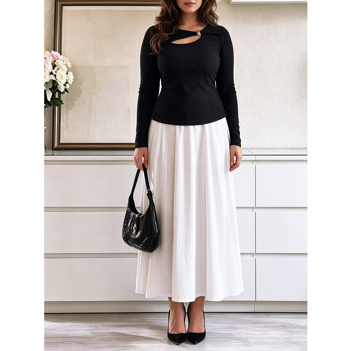 Plus Size Cutout Metal Button Long Sleeve Top & High Waist Midi Skirt Two-Piece Set