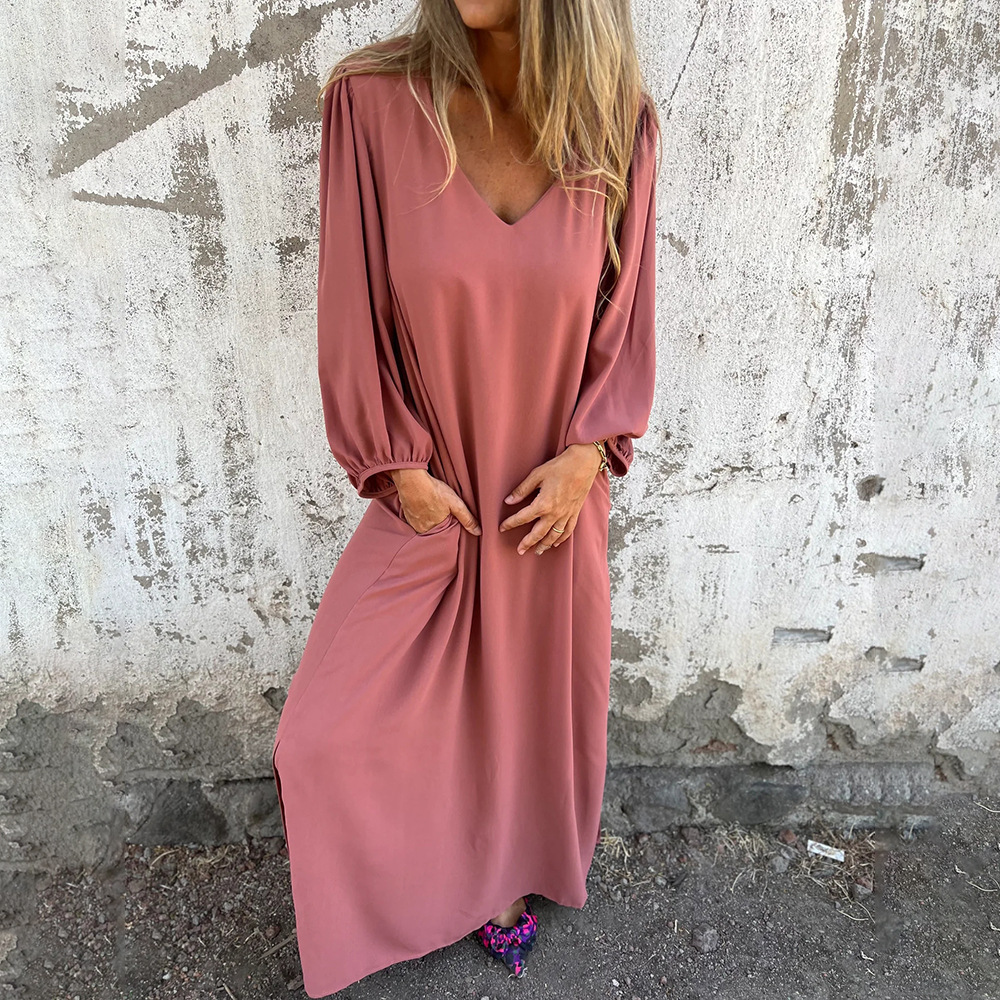 Women's Casual Loose V-Neck Solid Lantern Sleeve Midi Dress