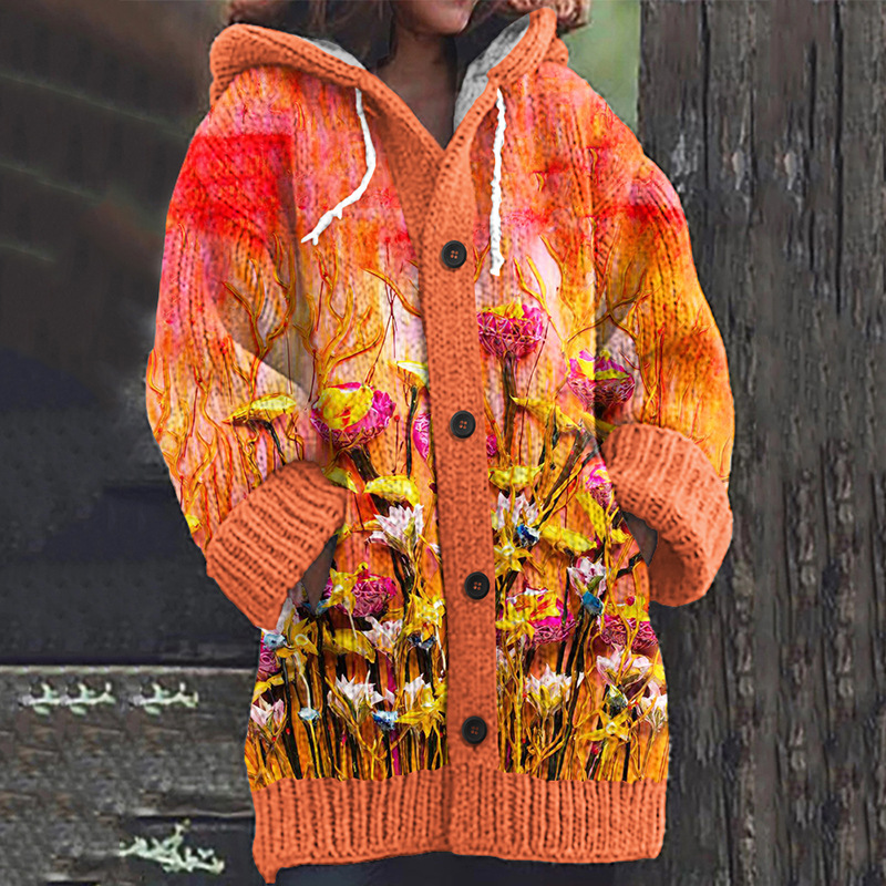 Women's Halloween Zombie Floral Print Hooded Button Cardigan Sweater