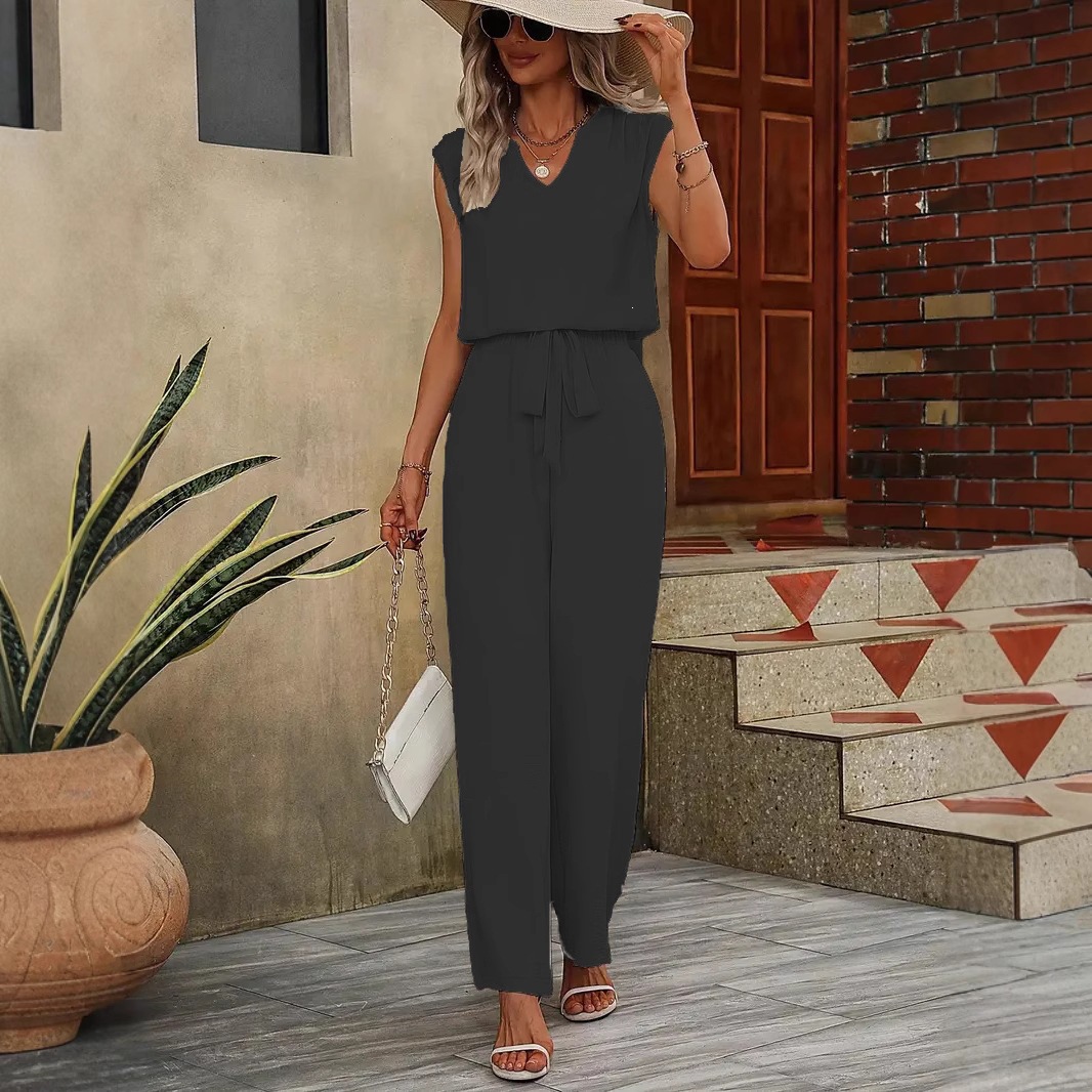 Solid Sleeveless V-Neck Loose Top and Tie-Waist Wide-Leg Pants Casual Set
