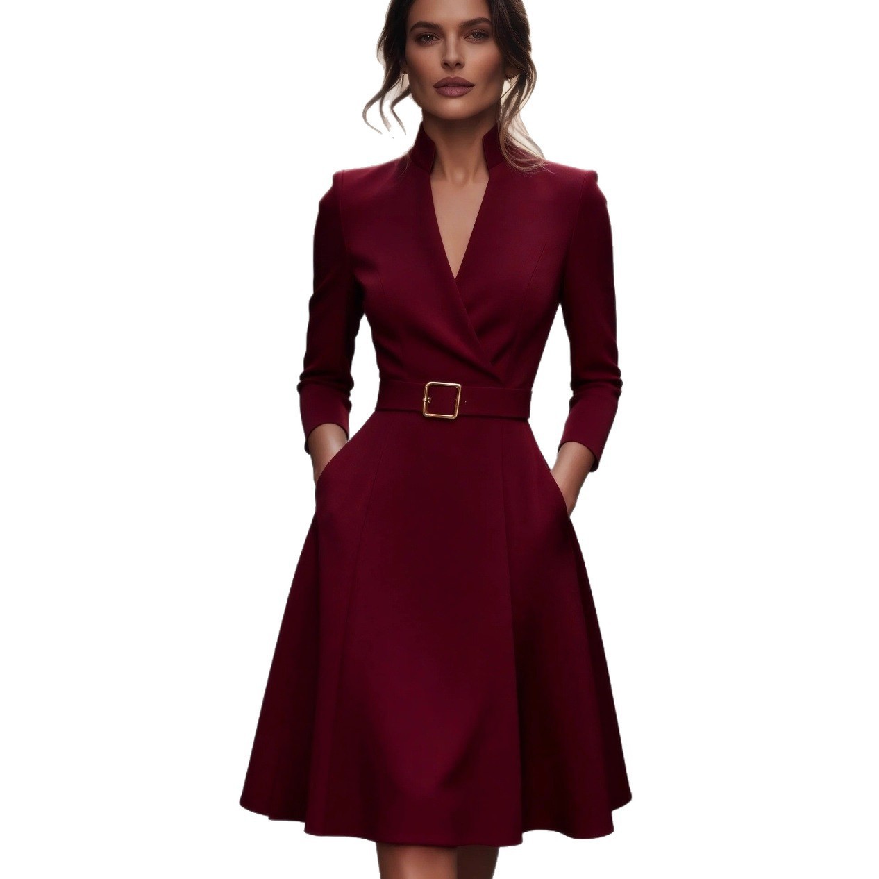 Solid V-Neck Waist-Cinched Long-Sleeve A-Line Midi Dress